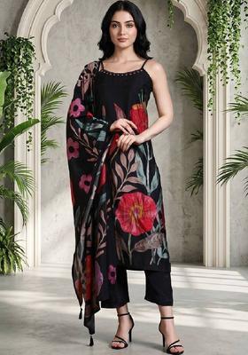 Black Floral Print Silk Kurta Set