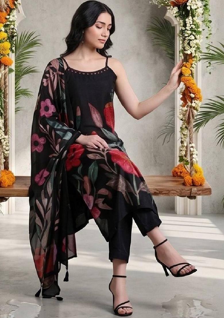 Black Floral Print Silk Kurta Set - Indya