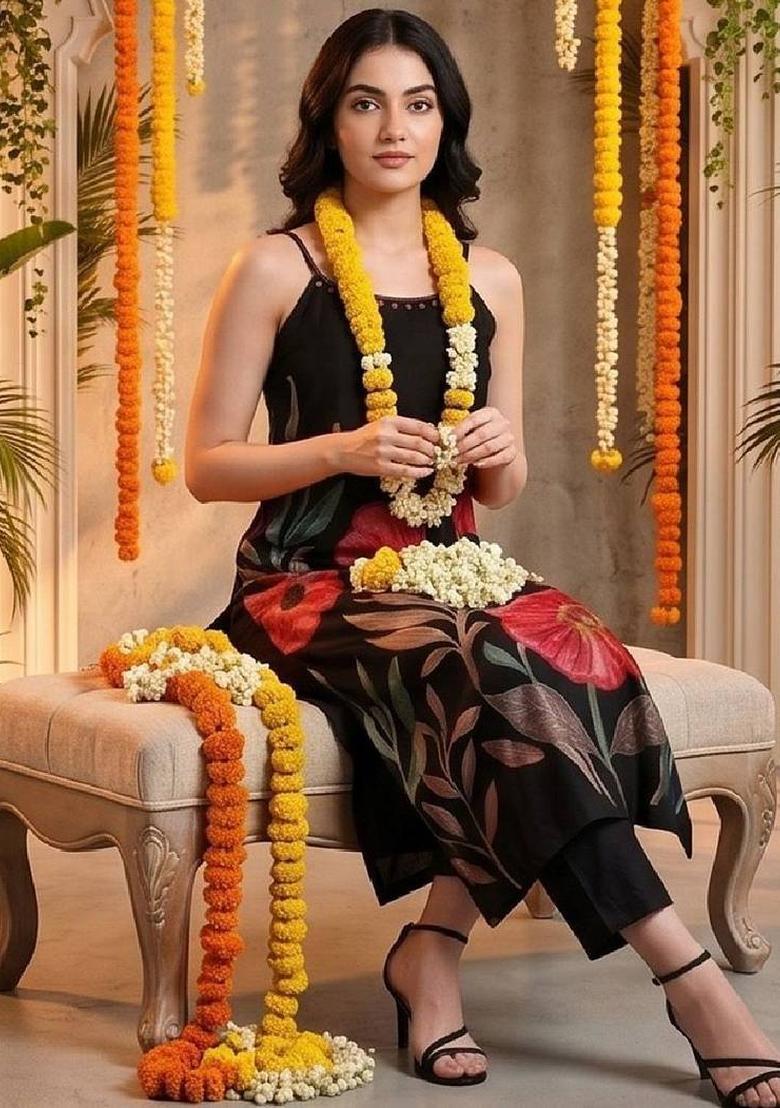 Black Floral Print Silk Kurta Set - Indya