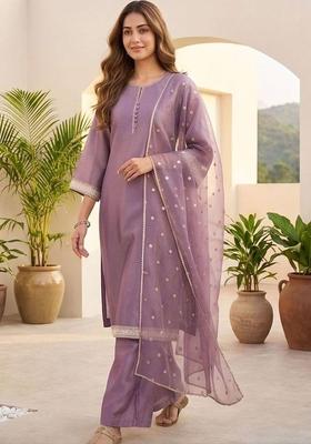 Purple Thread Work Silk Kurta Set