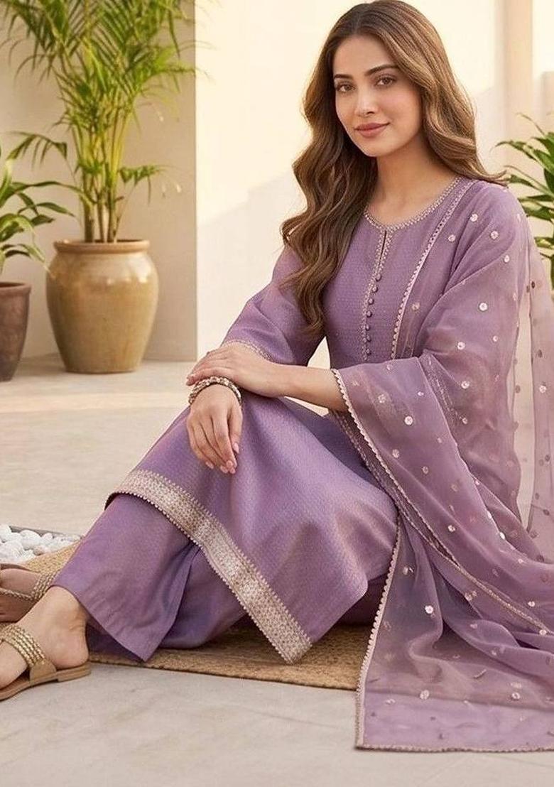 Purple Thread Work Silk Kurta Set - Indya