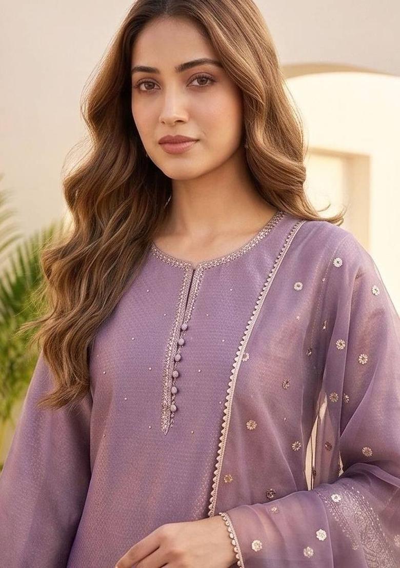 Purple Thread Work Silk Kurta Set - Indya