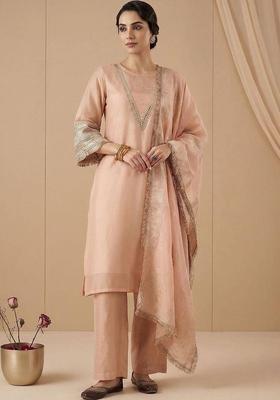 Peach Embroidery Silk Kurta Set