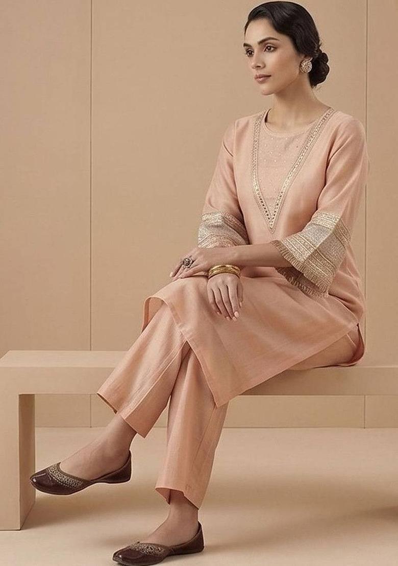 Peach Embroidery Silk Kurta Set - Indya