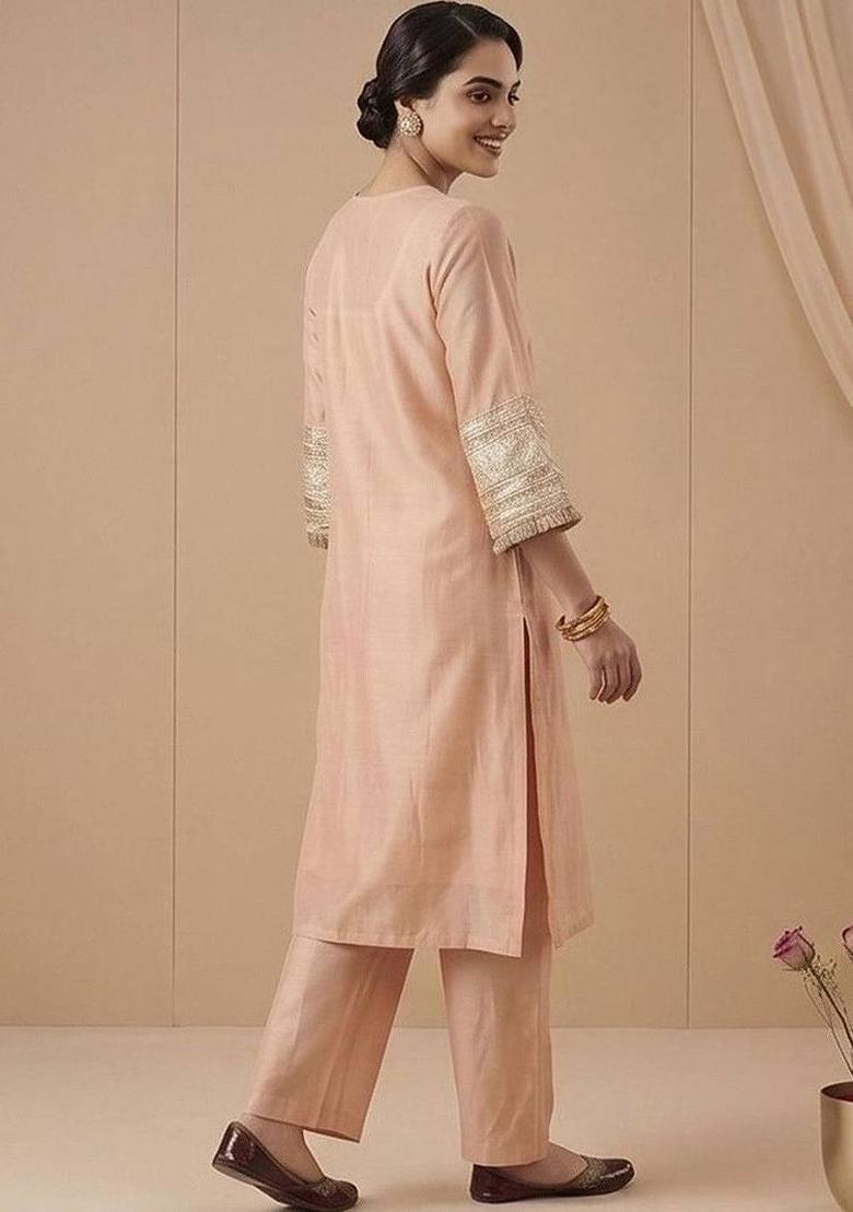 Peach Embroidery Silk Kurta Set - Indya