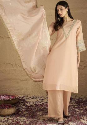 Peach Solid Silk Kurta Set