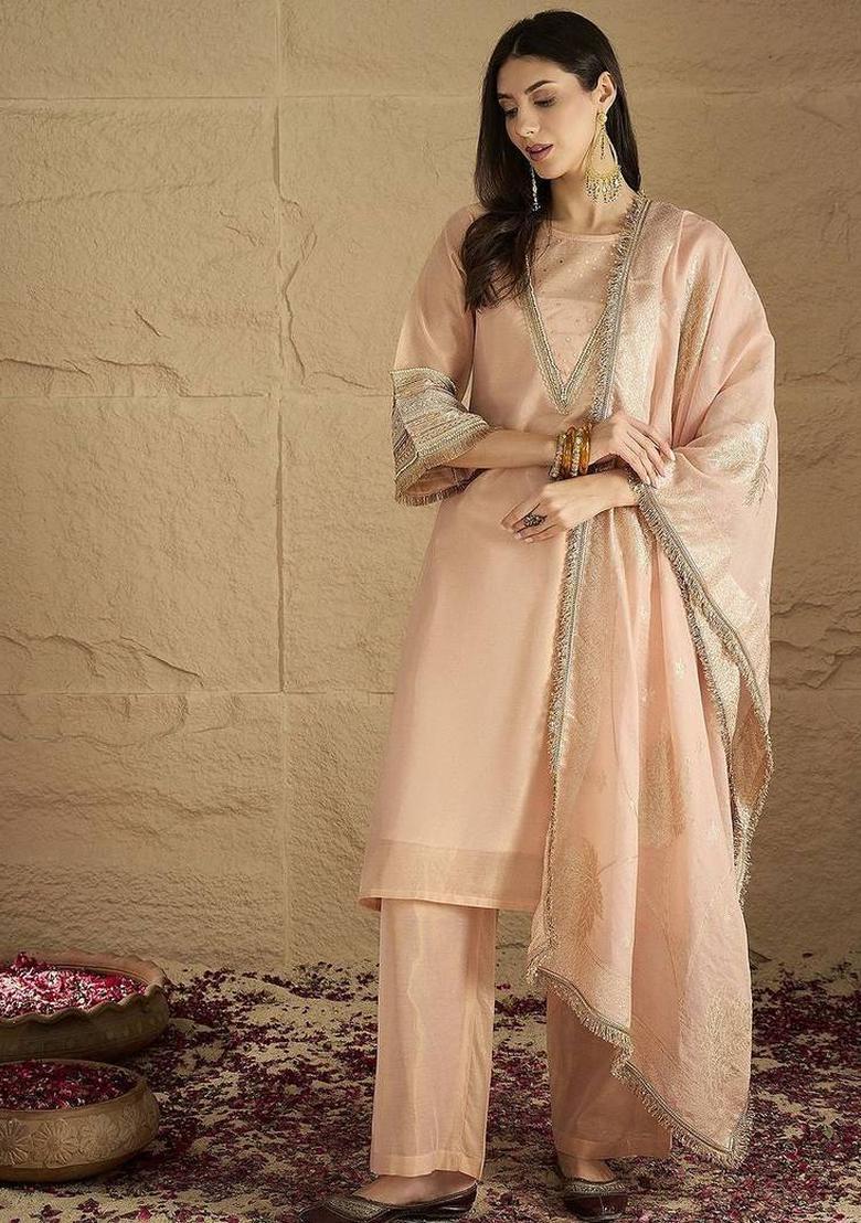 Peach Solid Silk Kurta Set - Indya