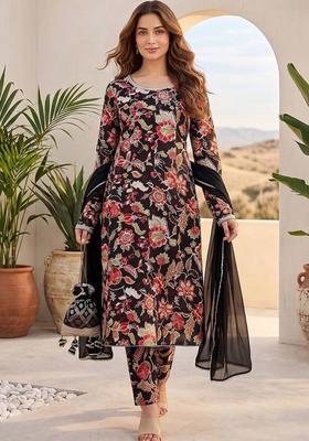 Black Floral Print Cotton Kurta Set