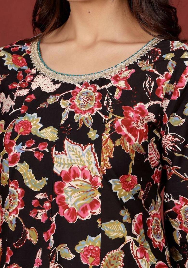 Black Floral Print Cotton Kurta Set - Indya