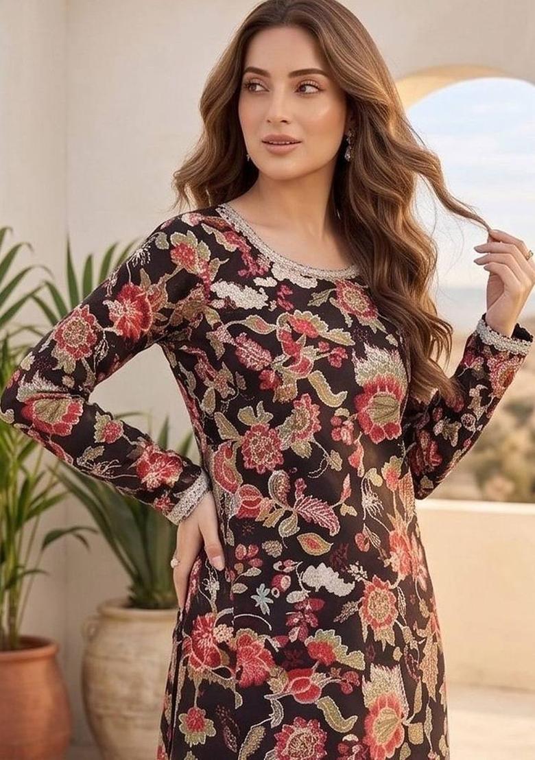 Black Floral Print Cotton Kurta Set - Indya