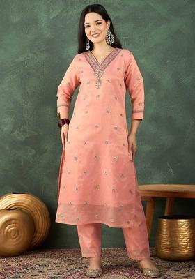 Peach Embroidery Silk Kurta Set