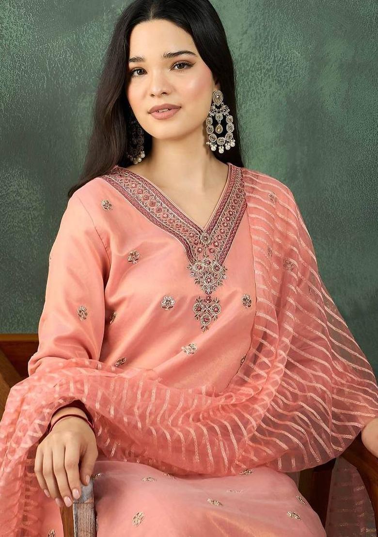 Peach Embroidery Silk Kurta Set - Indya
