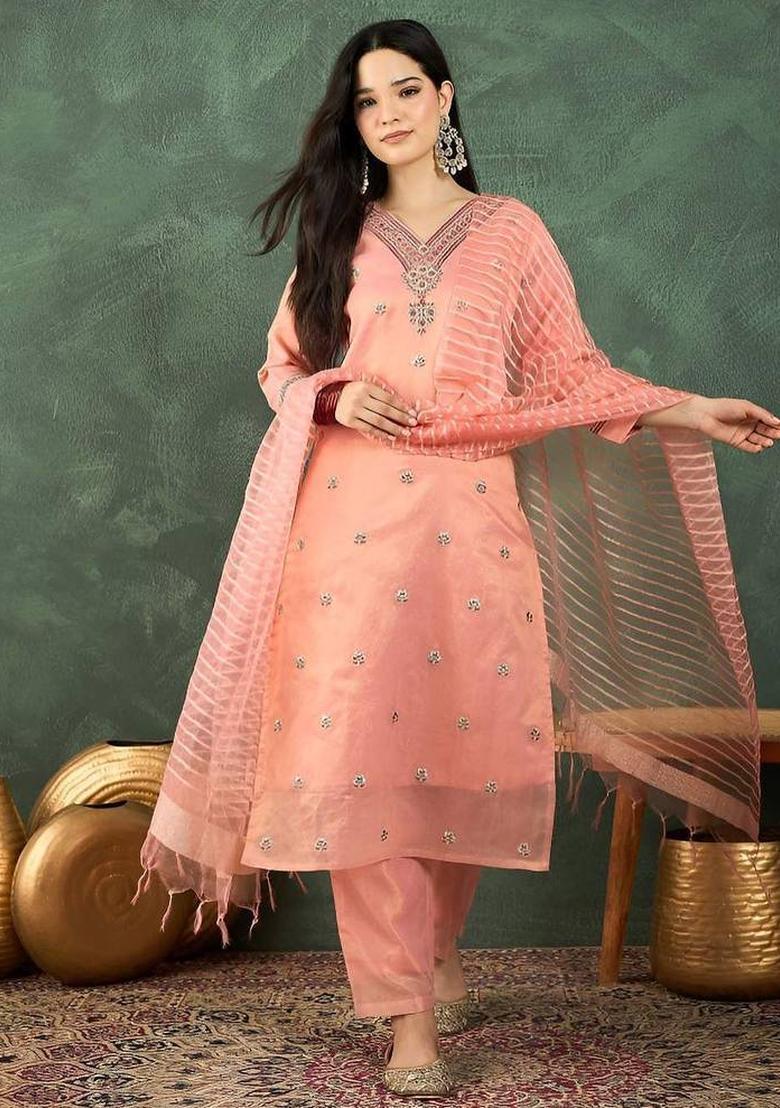 Peach Embroidery Silk Kurta Set - Indya