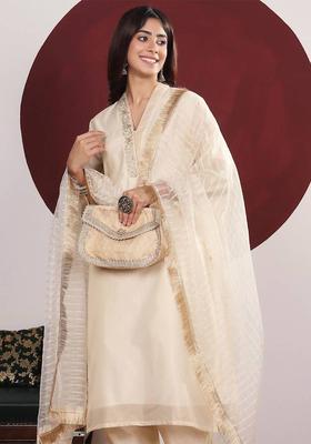 Cream Embroidery Silk Kurta Set