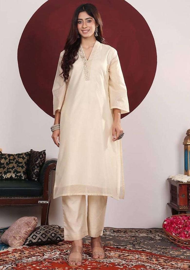 Cream Embroidery Silk Kurta Set - Indya