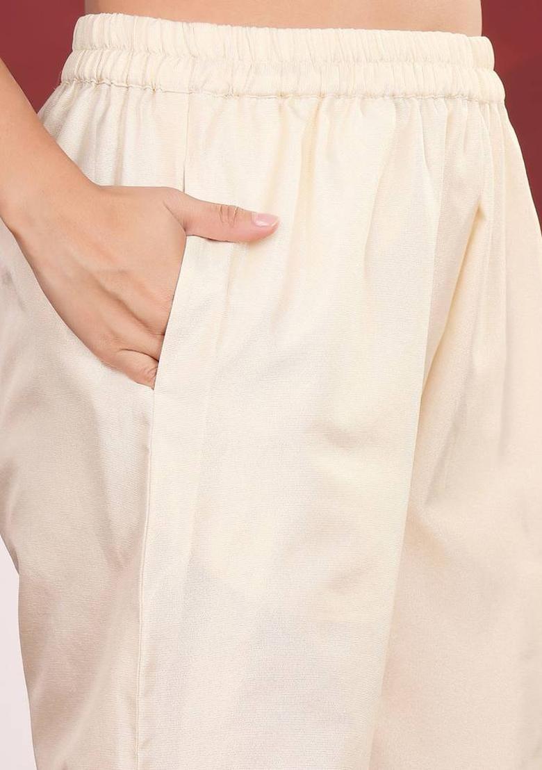 Cream Embroidery Silk Kurta Set - Indya