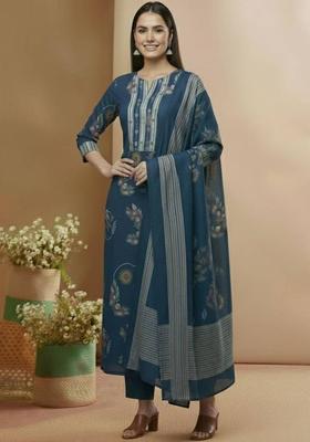 Blue Floral Print Cotton Kurta Set