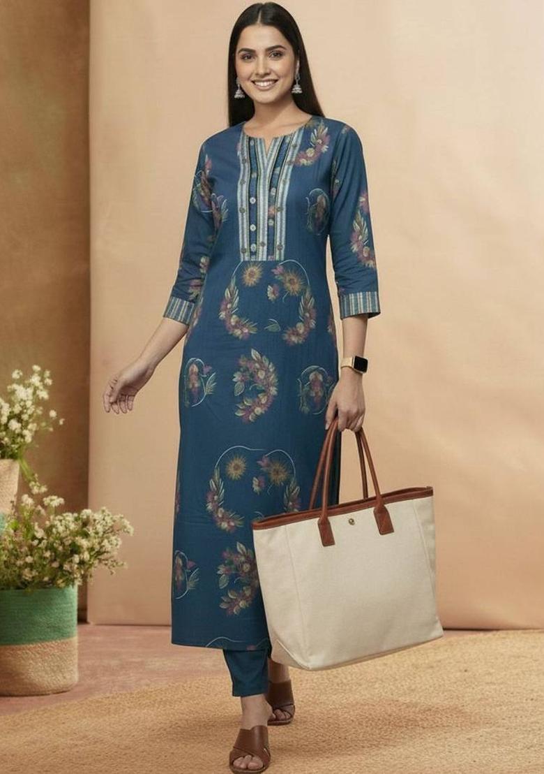 Blue Floral Print Cotton Kurta Set - Indya