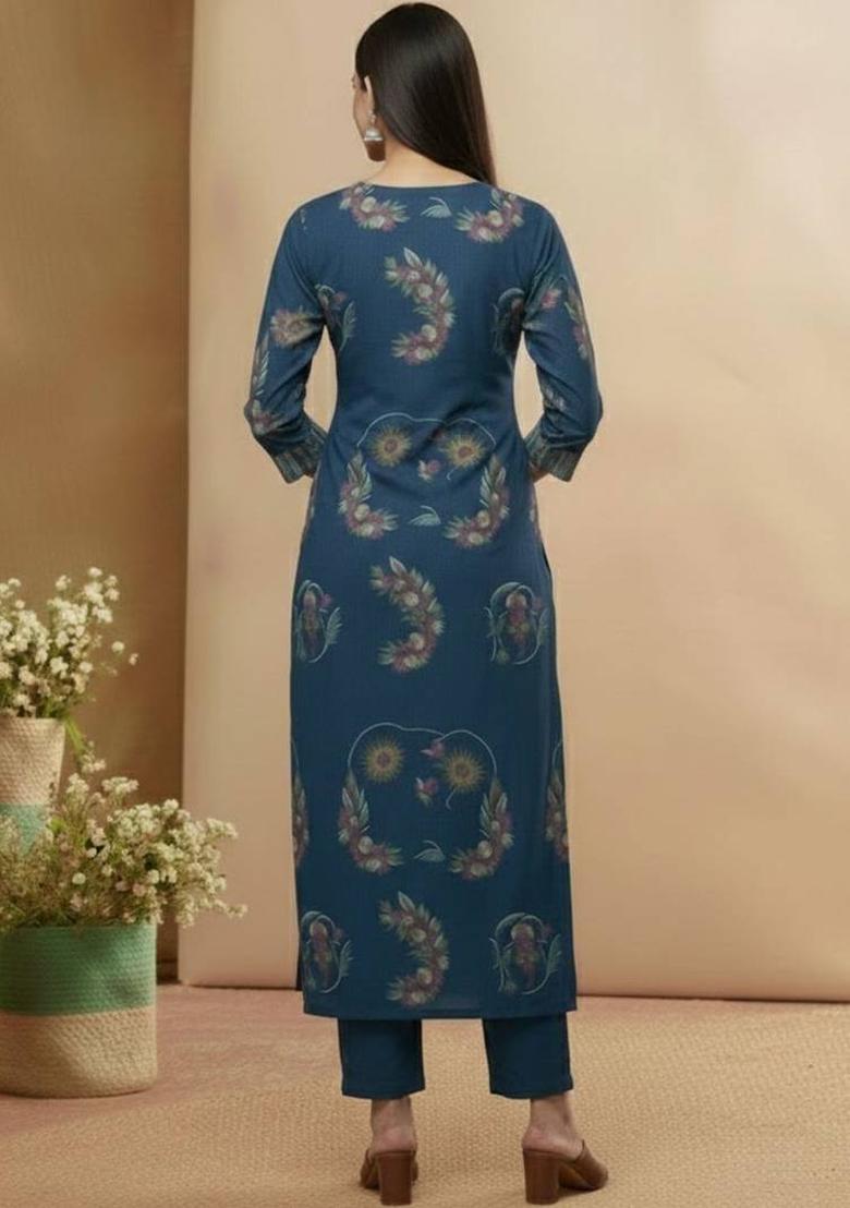 Blue Floral Print Cotton Kurta Set - Indya