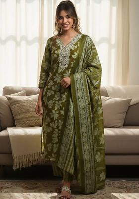 Olive Floral Print Cotton Kurta Set