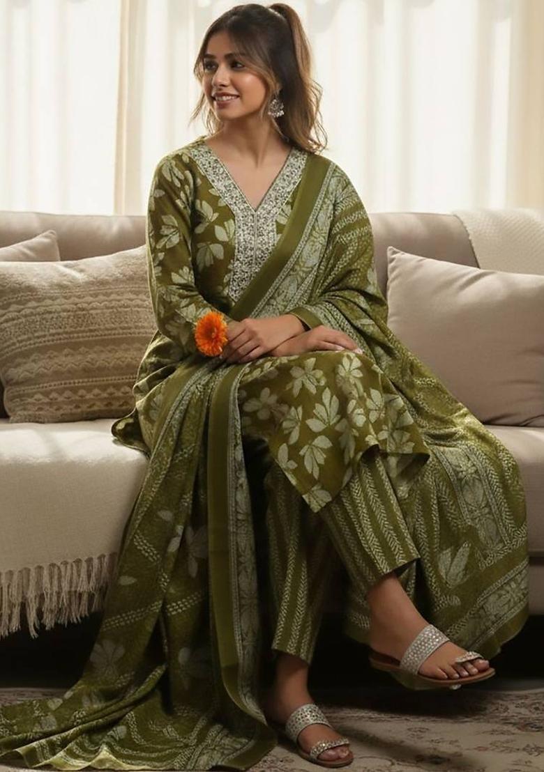 Olive Floral Print Cotton Kurta Set - Indya