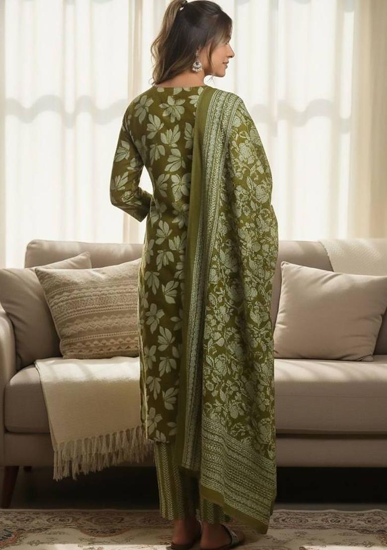Olive Floral Print Cotton Kurta Set - Indya