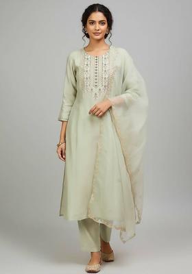 Sea Green Embroidery Cotton Kurta Set