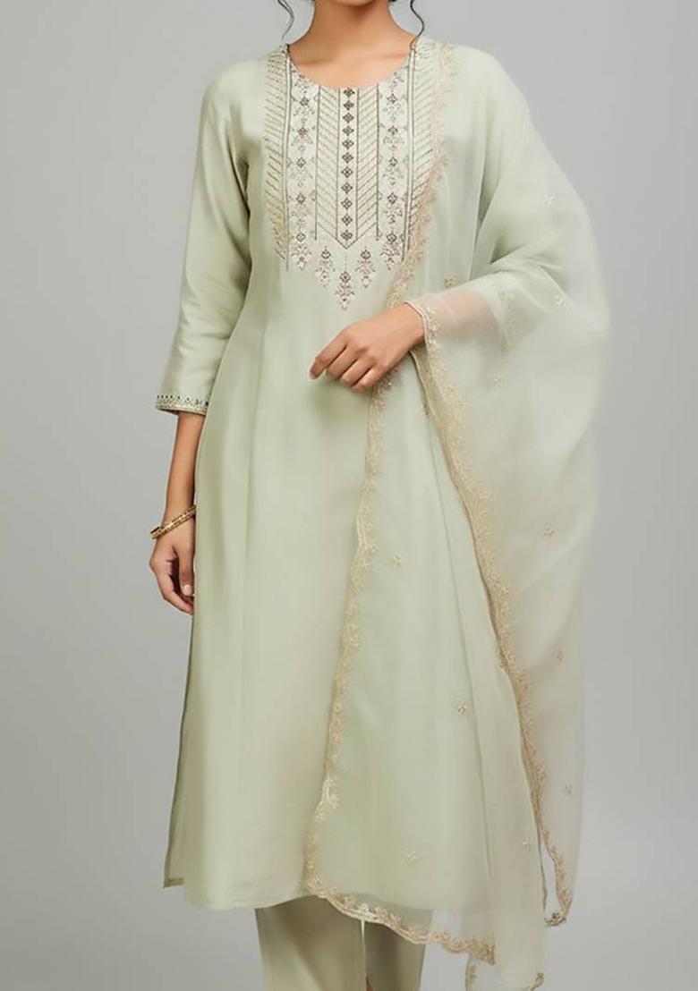 Sea Green Embroidery Cotton Kurta Set - Indya