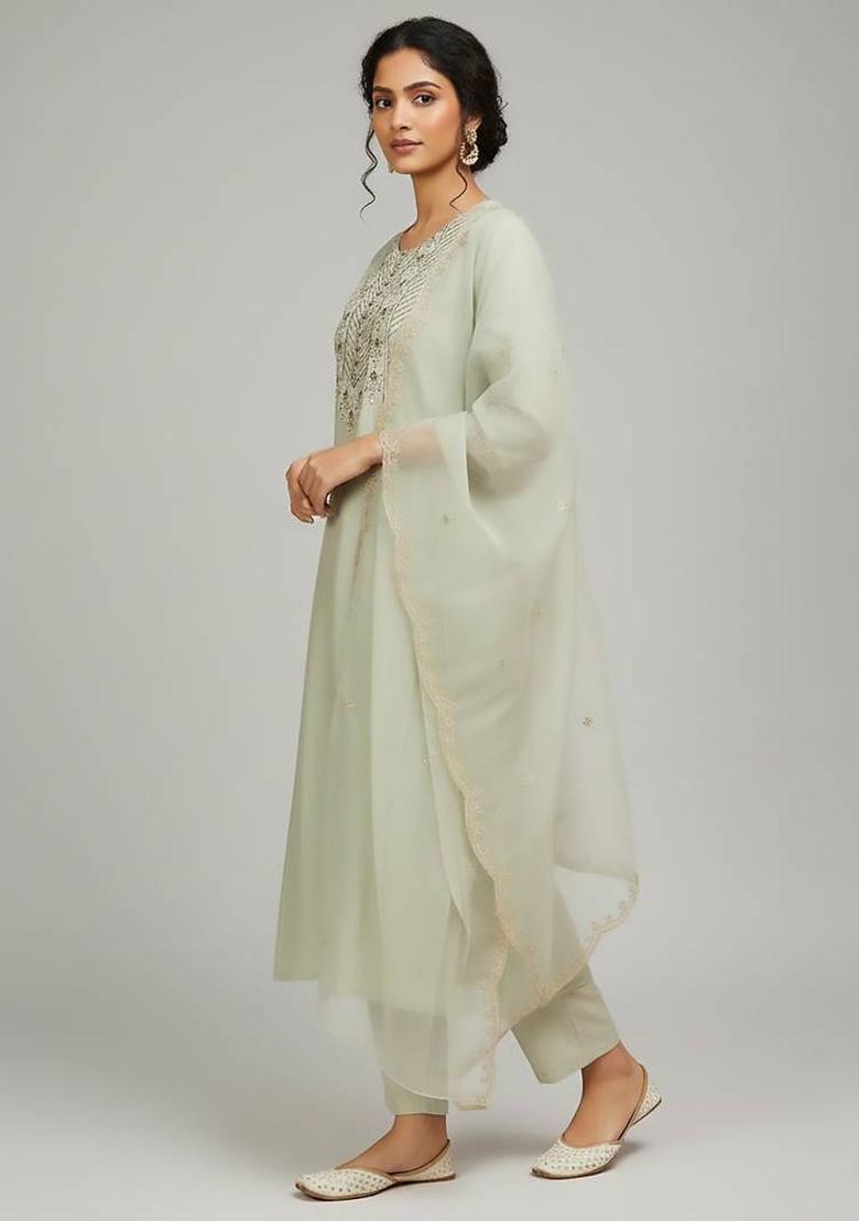 Sea Green Embroidery Cotton Kurta Set - Indya