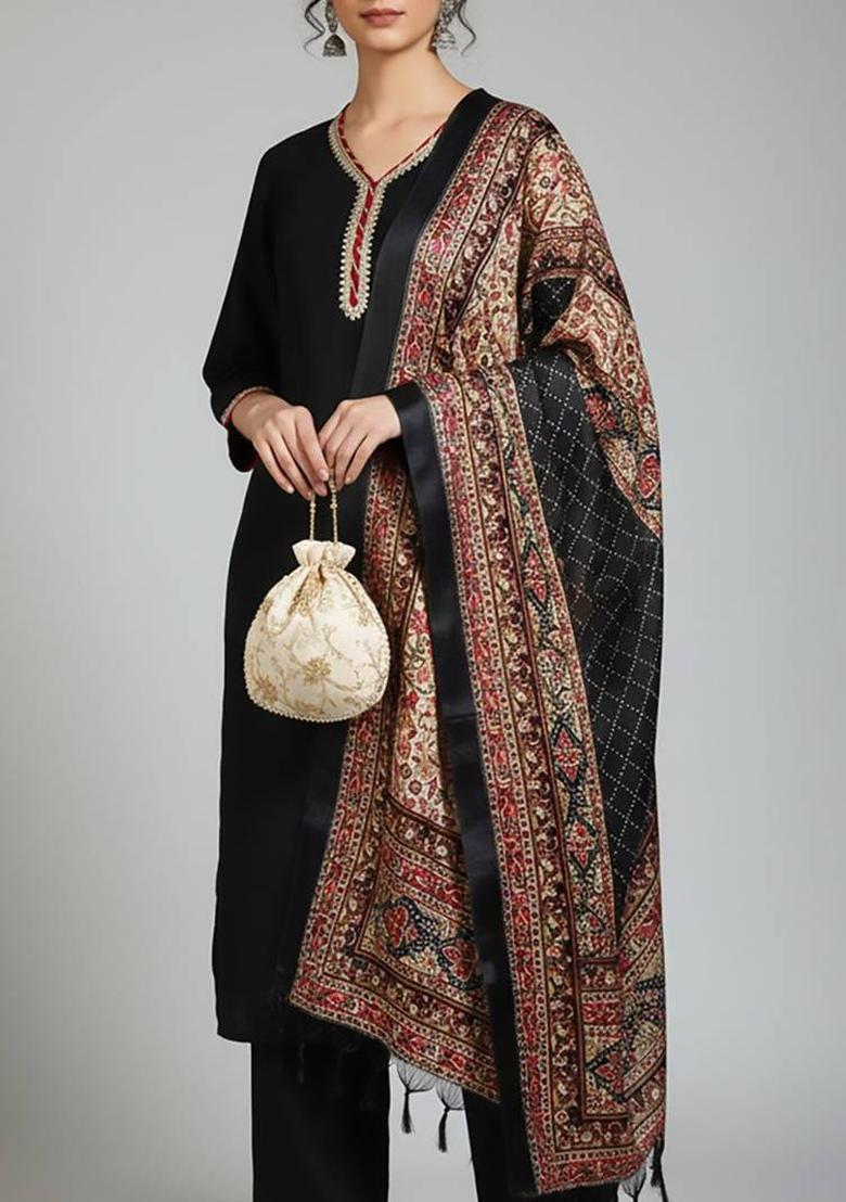 Black Thread Work Silk Kurta Set - Indya