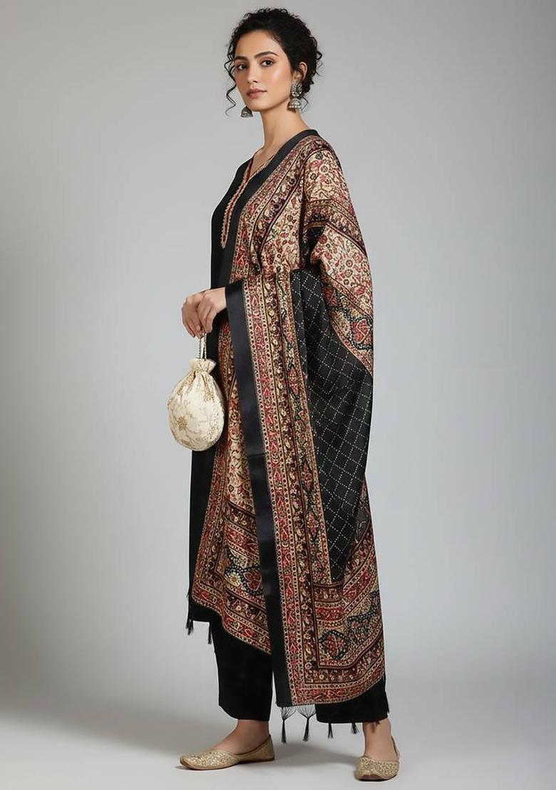 Black Thread Work Silk Kurta Set - Indya