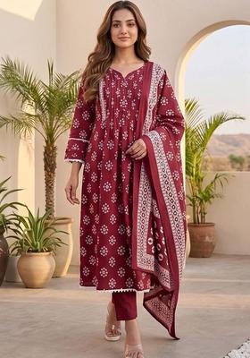 Maroon Floral Print Cotton Kurta Set