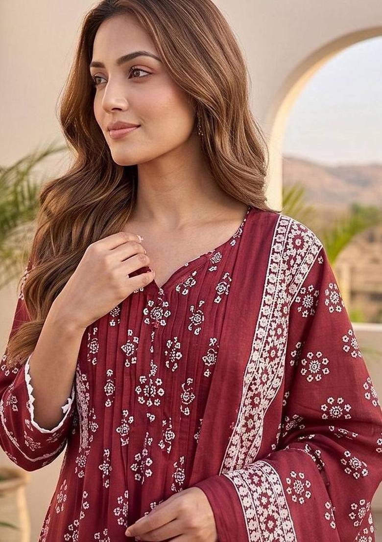 Maroon Floral Print Cotton Kurta Set - Indya