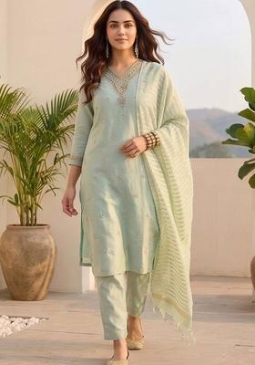 Sea Green Embroidery Silk Kurta Set