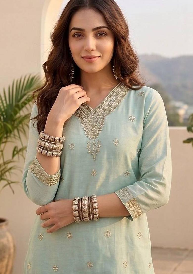 Sea Green Embroidery Silk Kurta Set - Indya