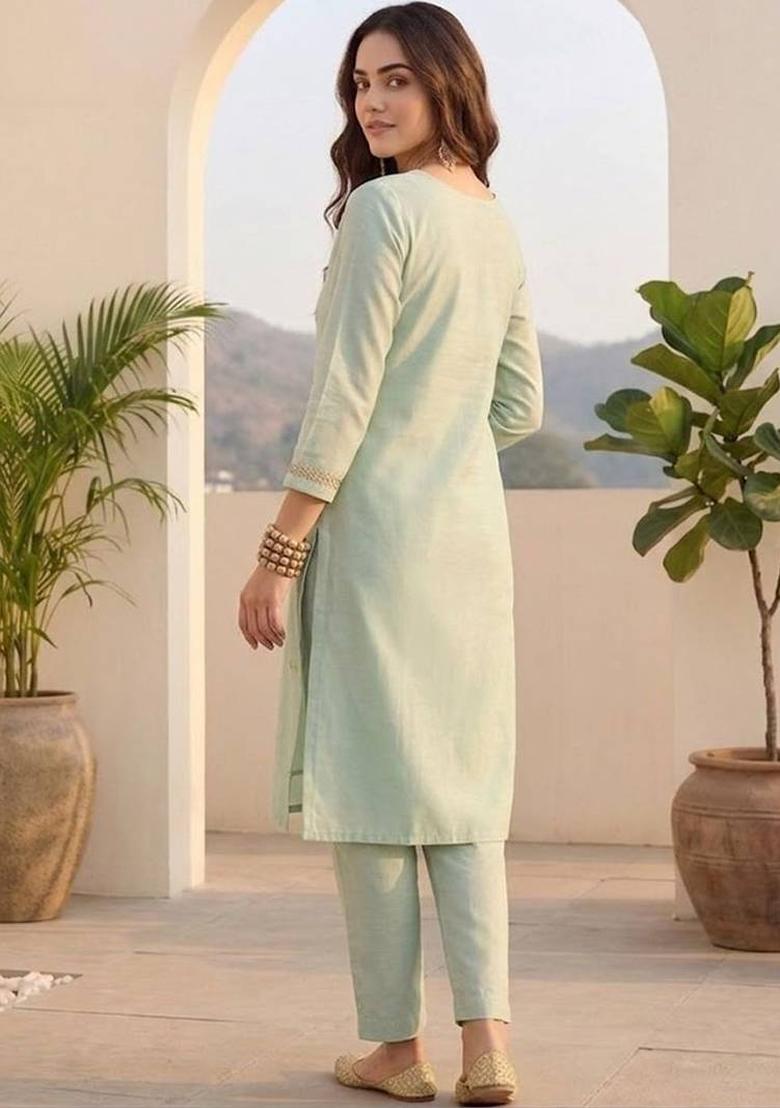 Sea Green Embroidery Silk Kurta Set - Indya