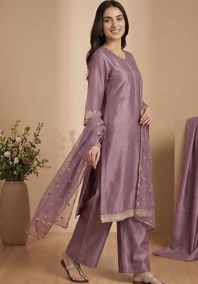Purple Solid Silk Kurta Set