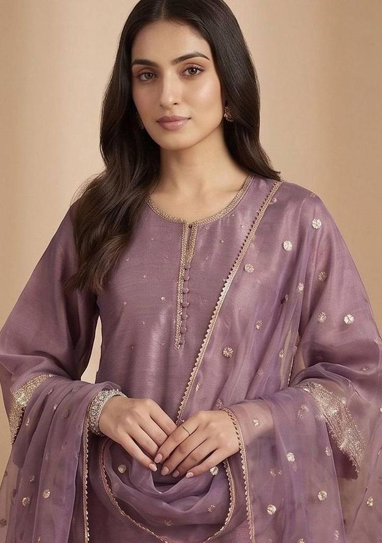Purple Solid Silk Kurta Set - Indya