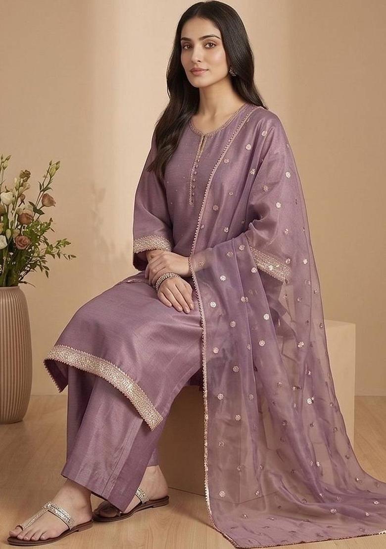 Purple Solid Silk Kurta Set - Indya