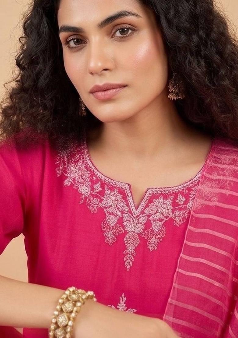 Pink Embroidery Silk Kurta Set - Indya