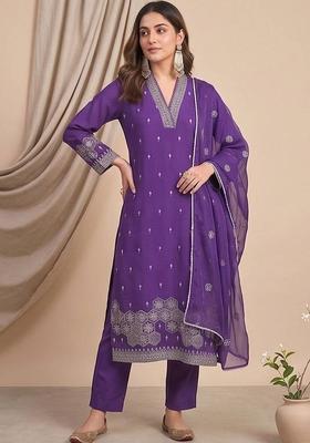 Purple Embroidery Silk Kurta Set