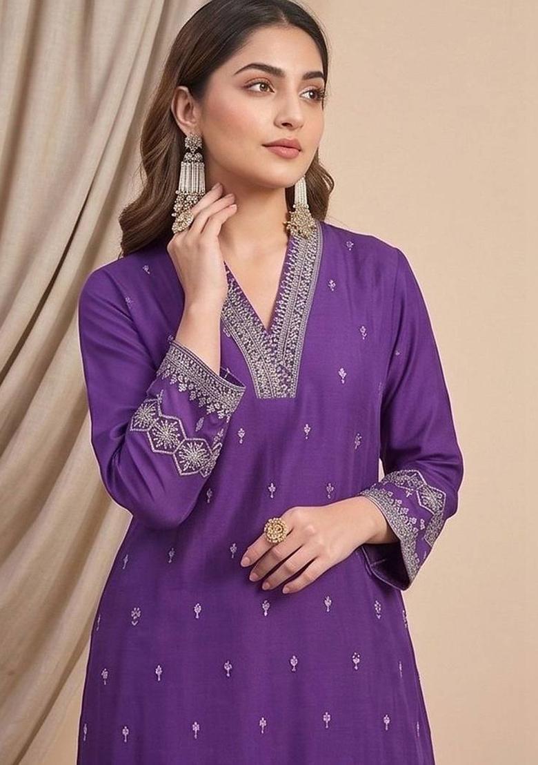 Purple Embroidery Silk Kurta Set - Indya