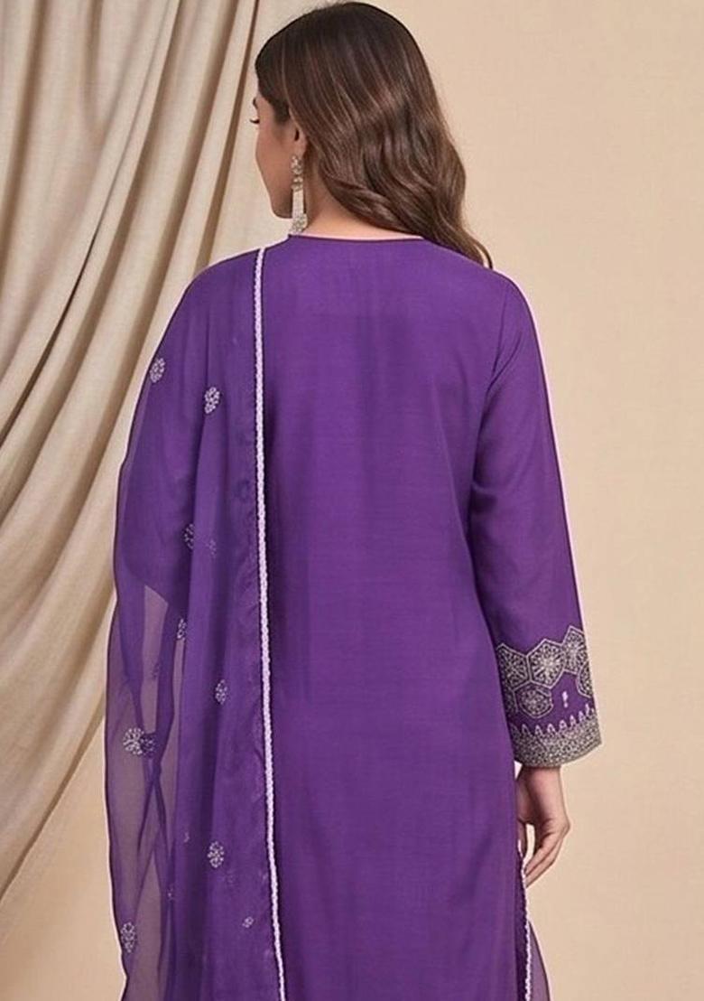 Purple Embroidery Silk Kurta Set - Indya