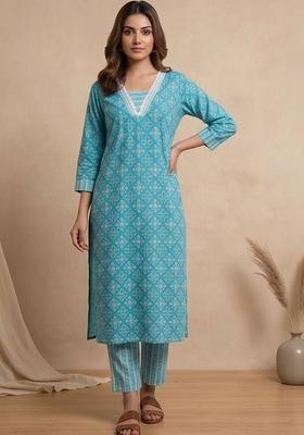 Turquoise Blue Floral Print Cotton Kurta Set