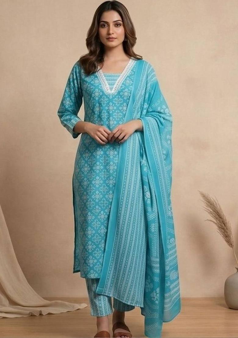 Turquoise Blue Floral Print Cotton Kurta Set - Indya
