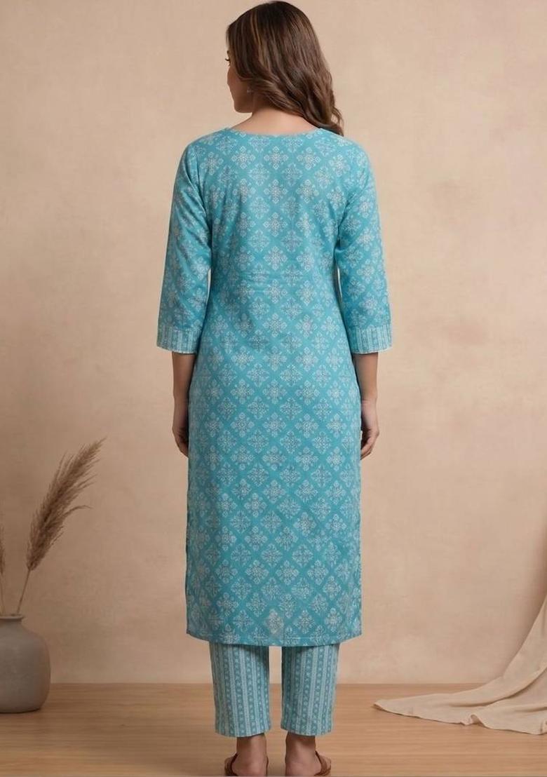 Turquoise Blue Floral Print Cotton Kurta Set - Indya