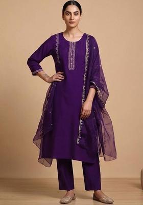 Purple Embroidery Cotton Kurta Set