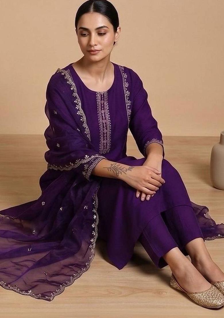 Purple Embroidery Cotton Kurta Set - Indya