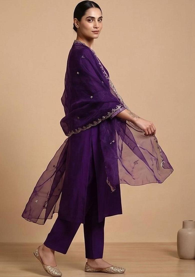 Purple Embroidery Cotton Kurta Set - Indya