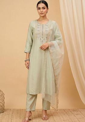 Sea Green Embroidery Cotton Kurta Set